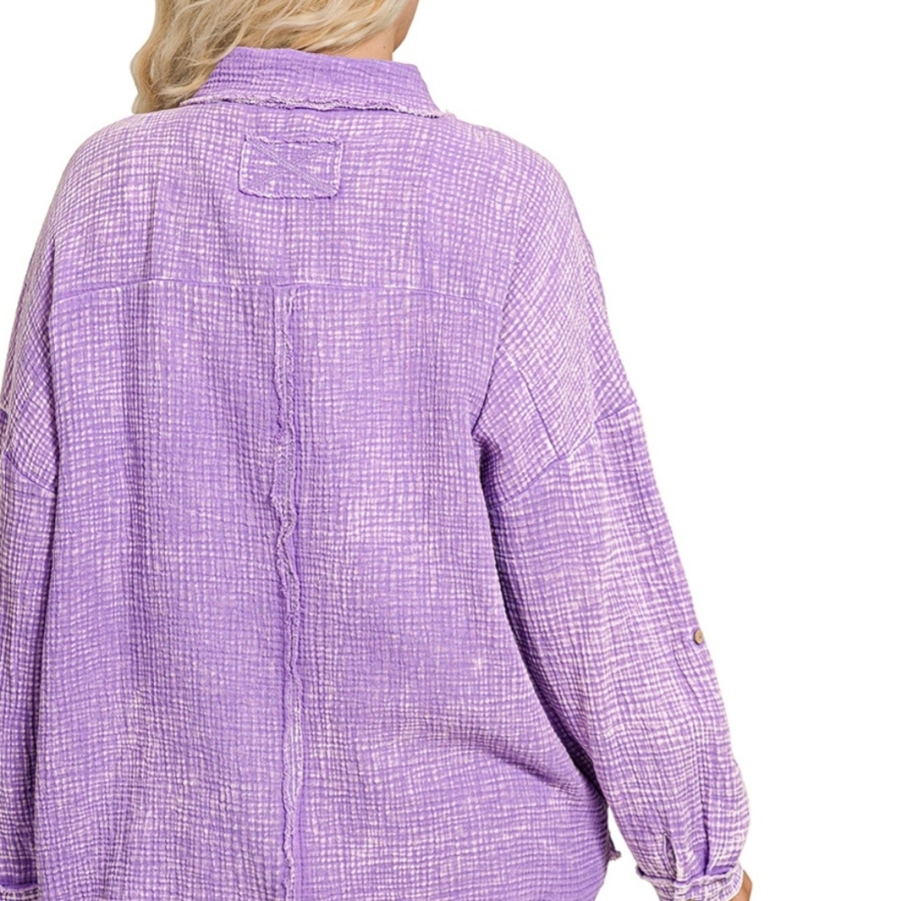 103 NWT Zenana Plus Washed Double Gauze Button Lavender Textured Top 1X 2X 3X - Picture 3 of 10